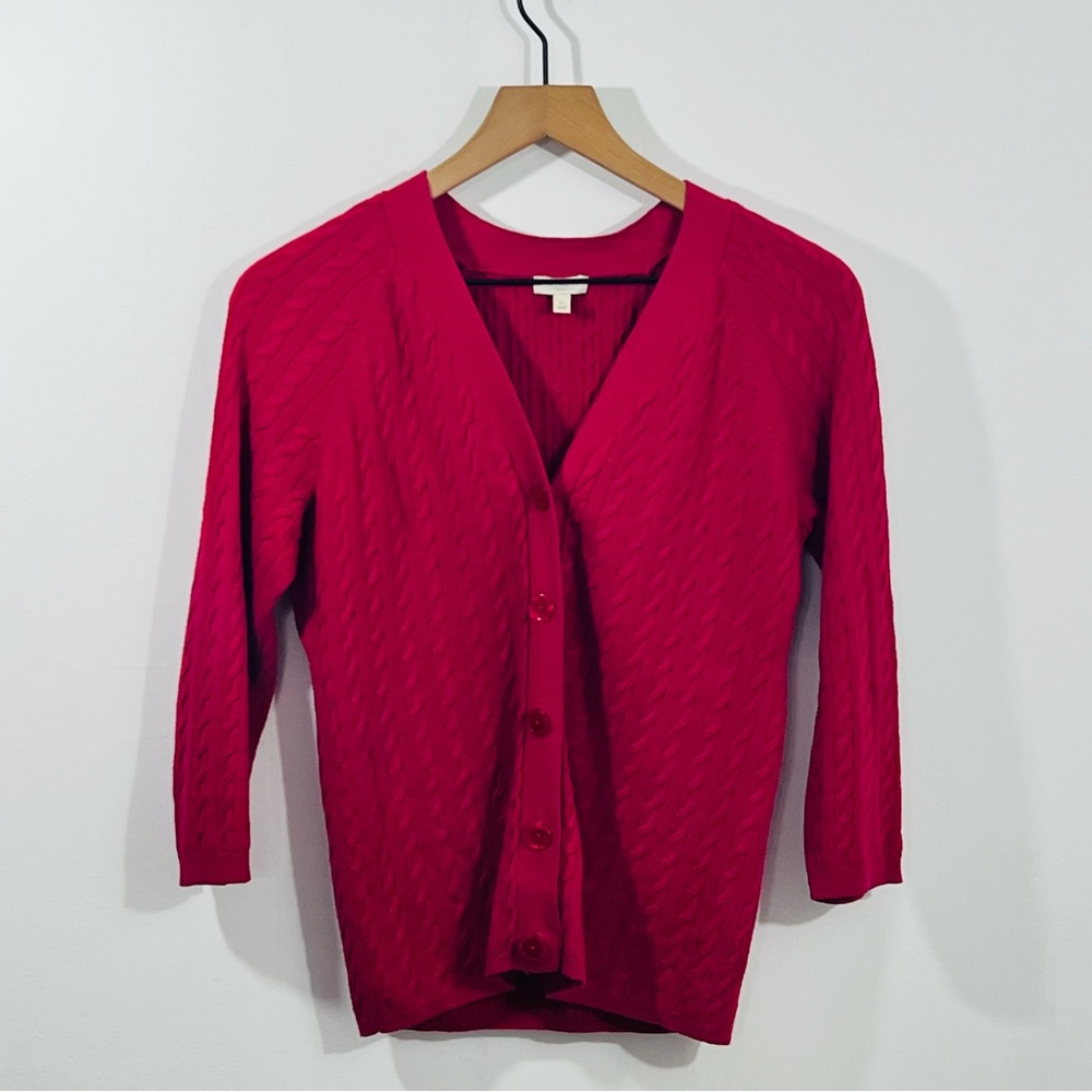 Talbots Magenta Pink 3/4 Sleeve Button V Neck Cardigan Sweater Cable Knit Sz Sp